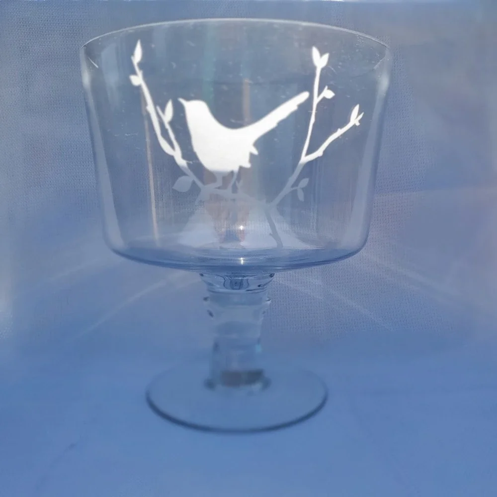 Beautifully Etched Glass‎ Pedestal Trifle Dish-Bird On A Limb ☆ VERY UNIQUE/RARE